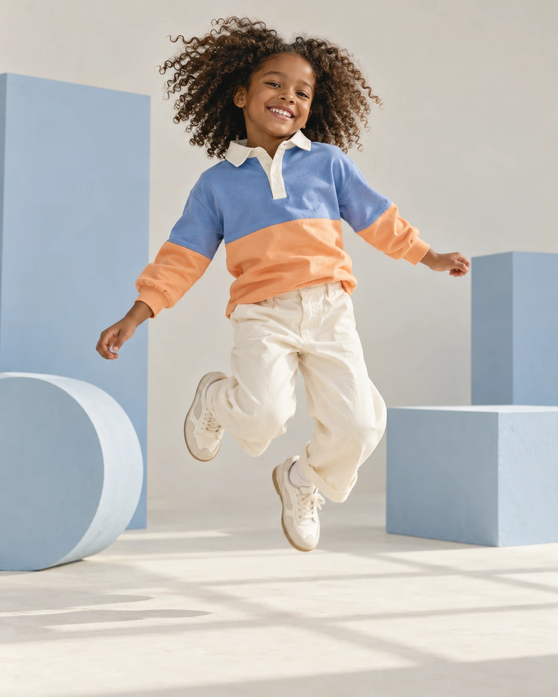 A child jumping in a cornflower and apricot colourblock outfit