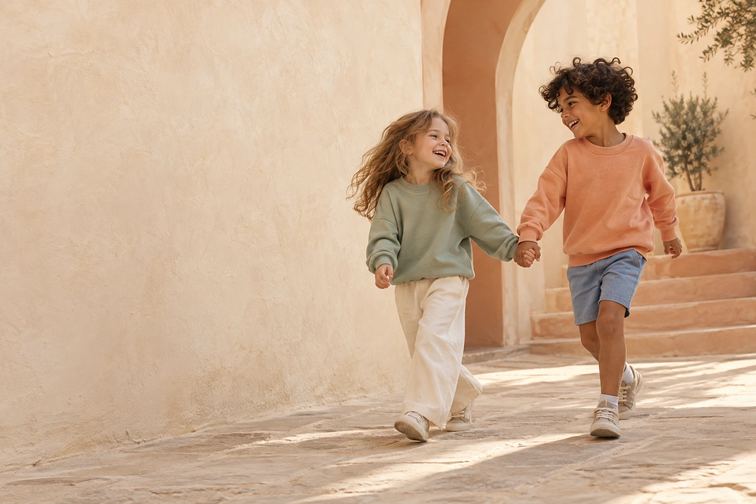 Two children laughing and exploring a sunlit courtyard in sage and apricot layers