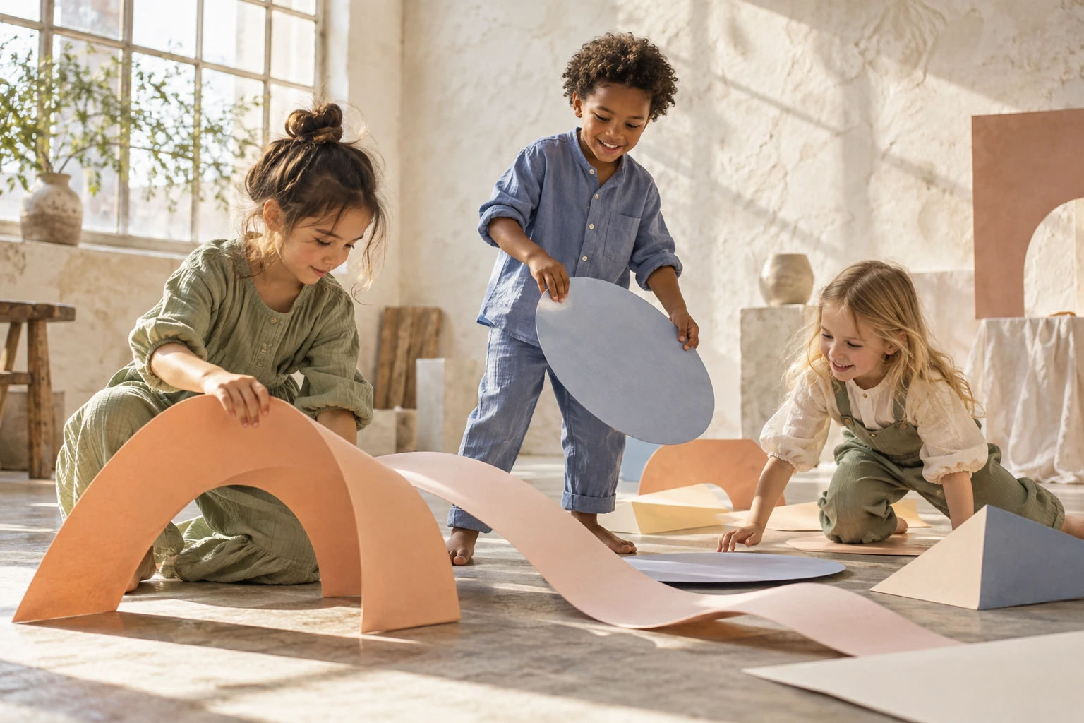 Children making and playing together in a sunny creative studio