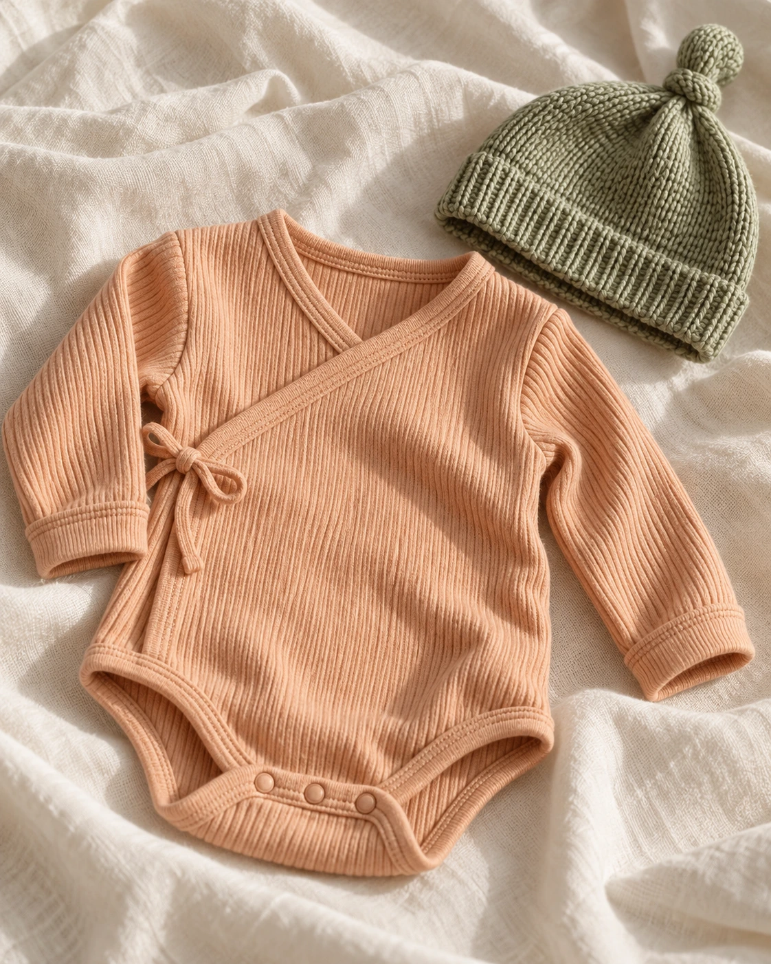 Apricot baby wrap body and sage knit hat, photographed in soft daylight